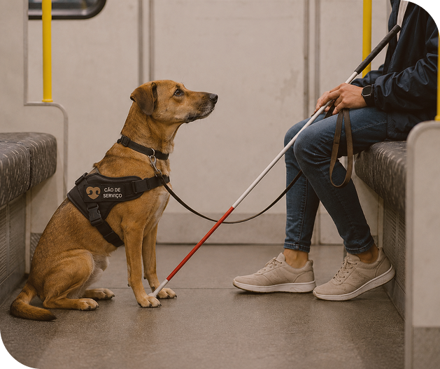 Cachorro de serviço no trem com deficiente visual